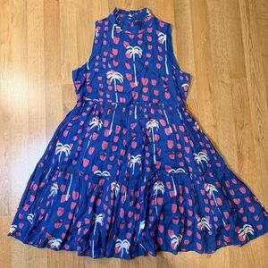 Oliphant Silk/Cotton Blue Pink Palm Abstract High Neck Midi Dress Sz Small